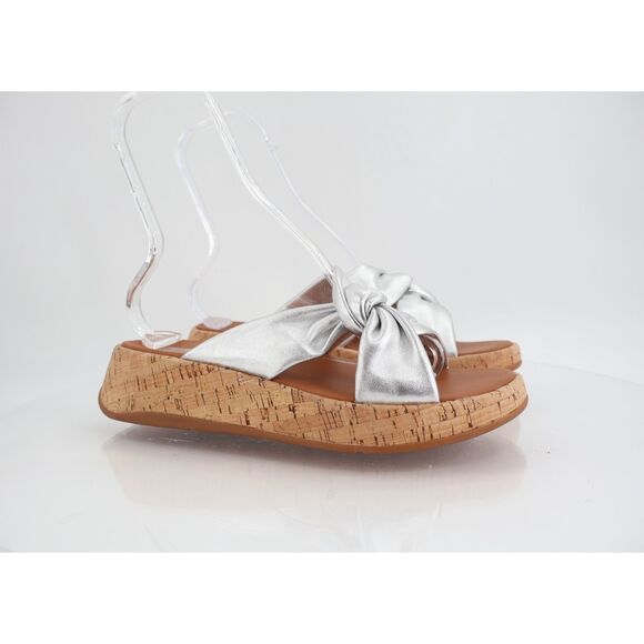Fitflop Women's F-Mode Leather-Twist Flatform Slides Wedge Sandal Size 9 Silver - Picture 1 of 13